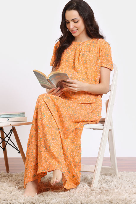 Coucou Maternity Woven Full Length Nightdress With Front Zipper And Discreet Feeding - Metalic Orange — image 4